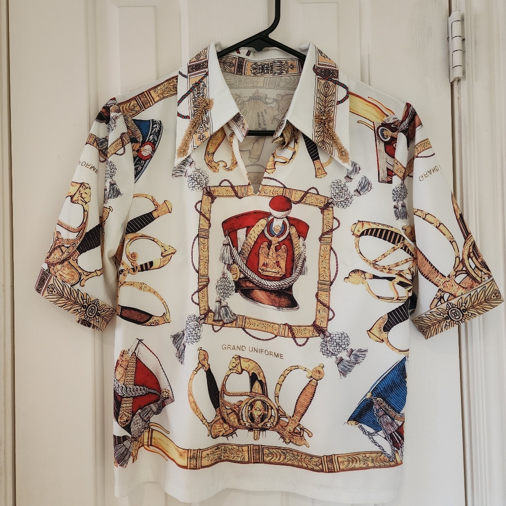 French Grand Uniforme Print Blouse w/ Gold Collar Accents SMALL